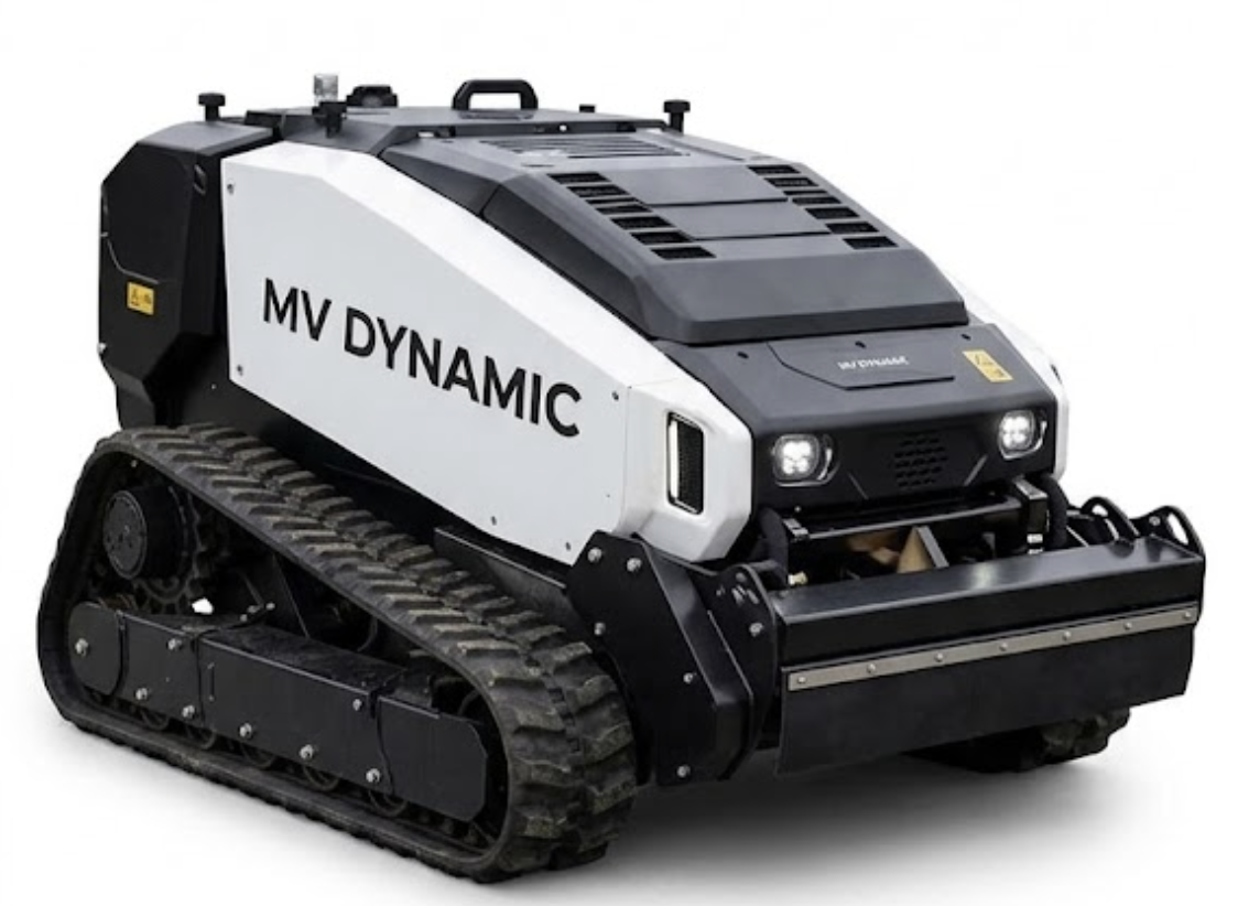 MV Dynamics RC-03 remote-controlled slope mower, white and black, on tracks
